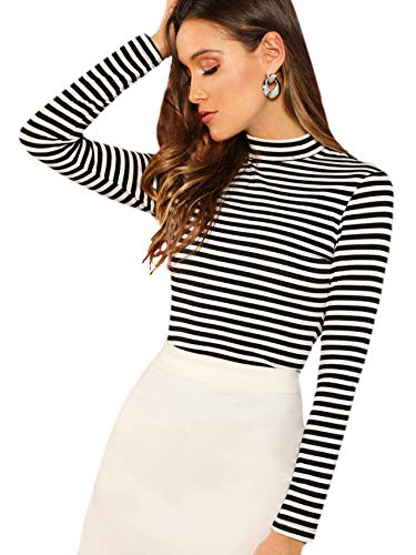 Floerns Women's High Neck Long Sleeve Slim Fit Stretch Striped T